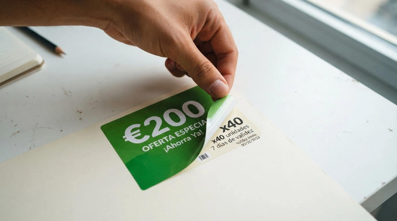 Un primer plano de una mano apartando una etiqueta de «BONO 200€» para revelar debajo un texto pequeño con «rollover x40 · caducidad 7 días · retirada máxima 30€»