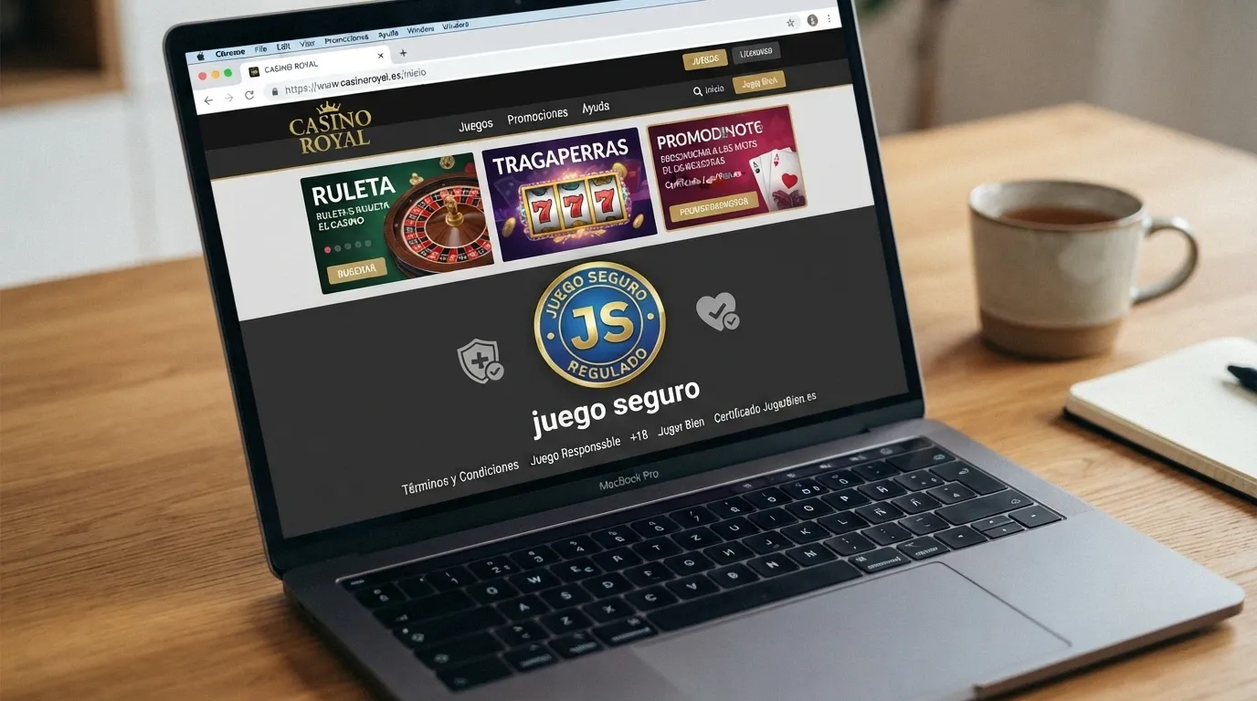 El sello de la DGOJ ampliado sobre el footer de un casino con dominio .es, flanqueado por los iconos de RGIAJ y juego responsable, con el texto «juego seguro» visible