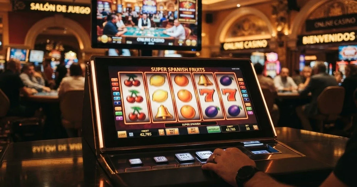 Un panel de rodillos de tragaperras iluminados con símbolos de frutas, campanas y sietes sobre un fondo de casino online con la interfaz en español