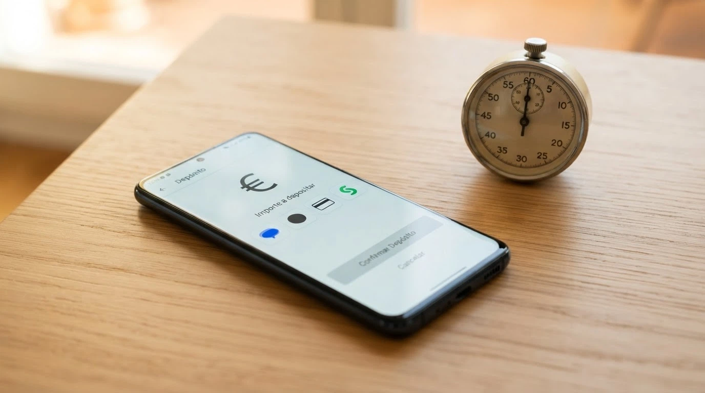 Un teléfono mostrando la pantalla de depósito de un casino español con los iconos de Bizum, PayPal, Visa y Skrill, y un cronómetro marcando 24 horas junto al icono de retirada