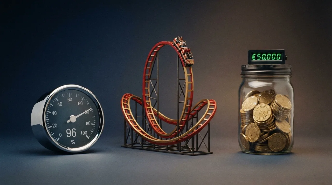 Una tabla visual con tres columnas conceptuales: un velocímetro marcando RTP 96%, una montaña rusa etiquetada «volatilidad» y un contador digital subiendo como un bote progresivo